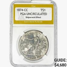 1874-CC Silver Trade Dollar PGA UNC  Shipwreck Eff