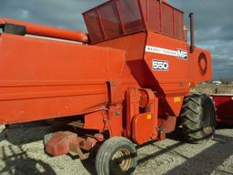 MF 550 diesel combine w/1144 4RW corn head, 2950 hrs, gear drive, 18.4x26