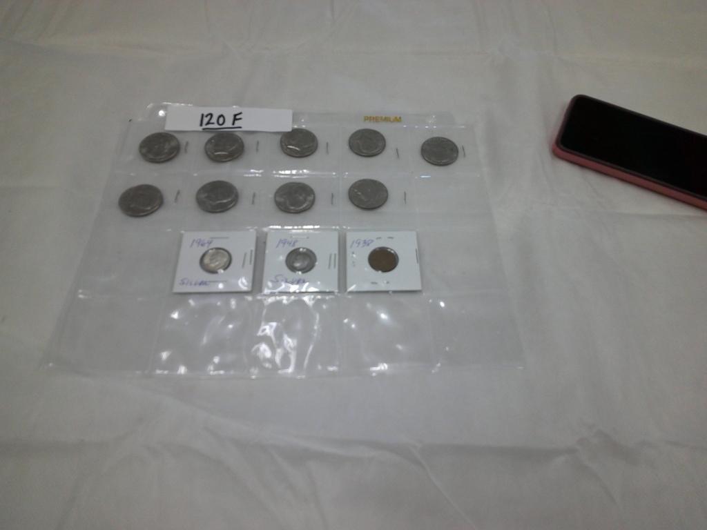 1948 SILVER DIME, 1964 SILVER DIME, 1938 PENNY,ETC