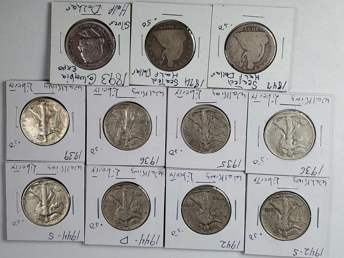 13 Silver Half Dollars - Seated & Walking Liberty, Columbian Expo