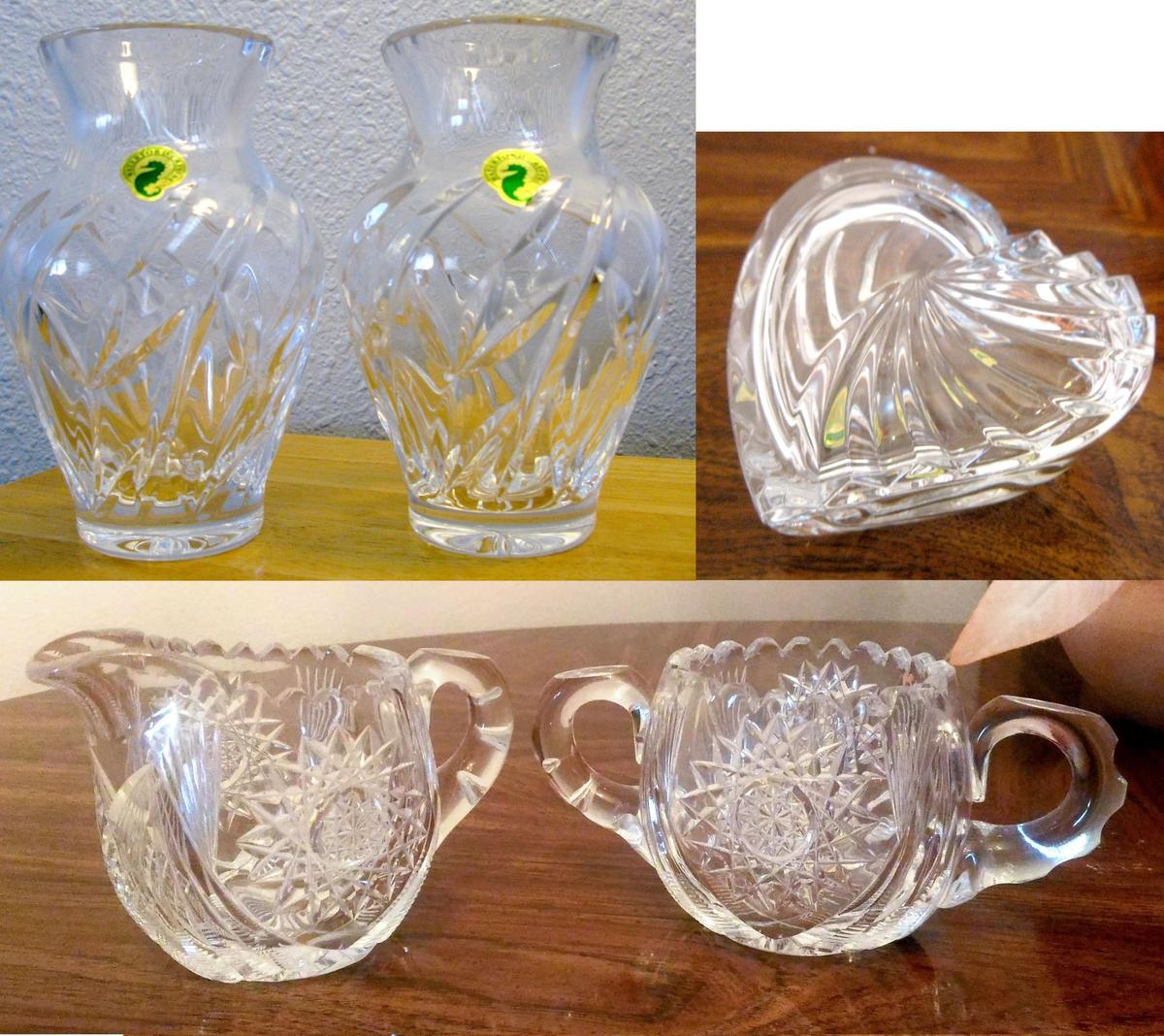 5 Pcs Waterford Cut Crystal - 2 vases, box, cream and sugar