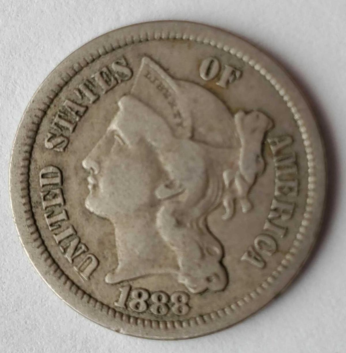 1888 Key Date Three Cent Nickel F