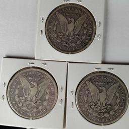 3 US Silver New Orleans Mint Morgan Dollars - 1886-O, 1887-O and 1888-O