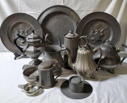 10 Pcs Of Antique Pewter & Two Silver Plate Tea Pot