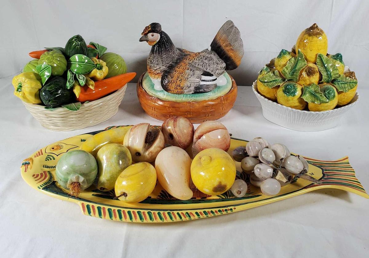 Quimper Fish Platter & 2Pcs. Italian Ceramic Fruit Baskets, Chicken on Nest & Carved Stone Fruit