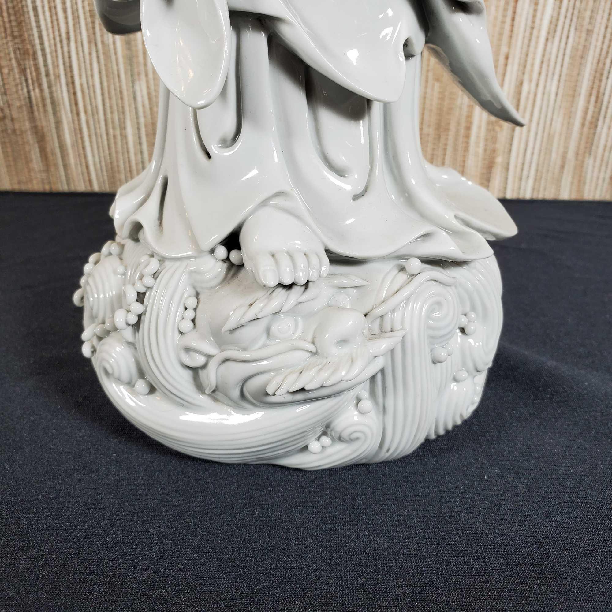 Chinese Blanc de Chine Porcelain Kuan Yin, Avalokitesvara Bodhisattva Standing W/ Scroll