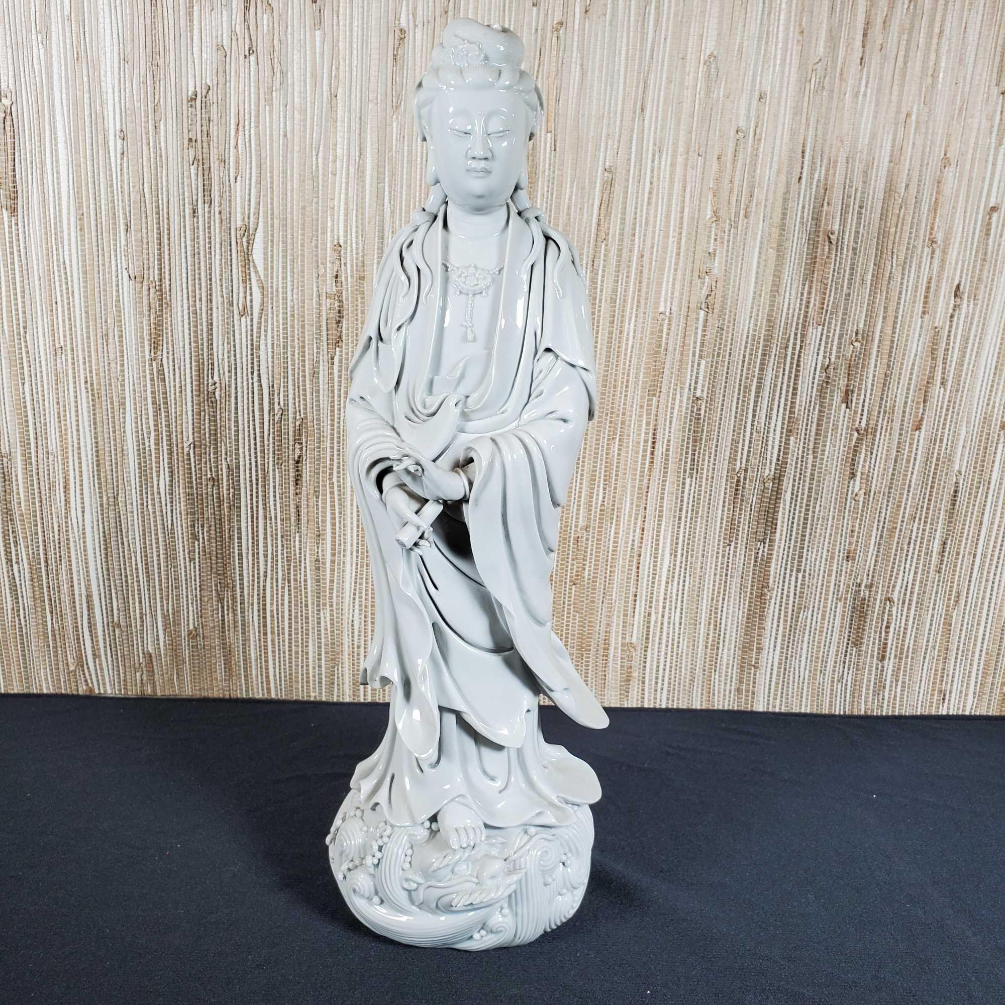 Chinese Blanc de Chine Porcelain Kuan Yin, Avalokitesvara Bodhisattva Standing W/ Scroll