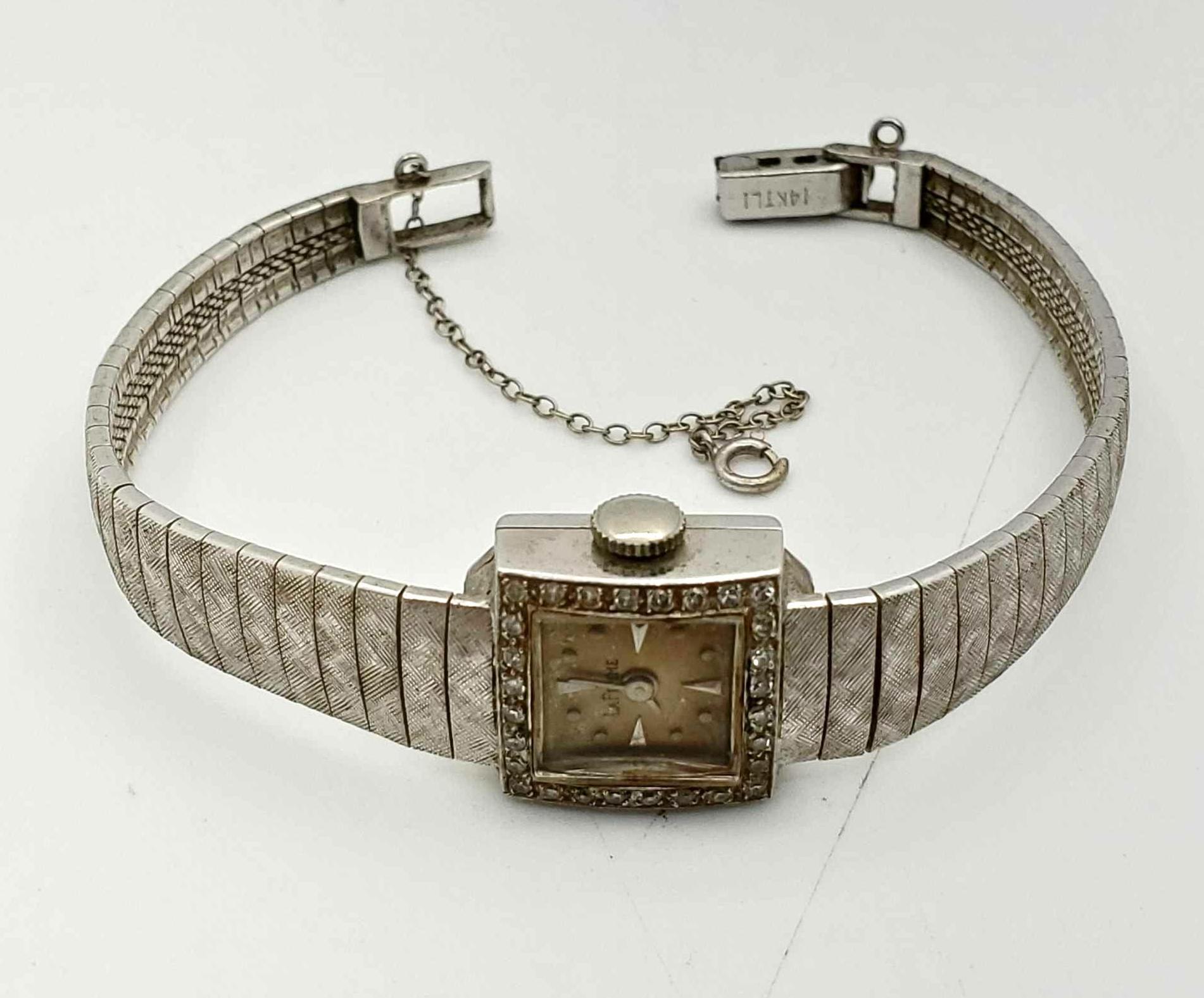 Ladies La Femme 14k White Gold Watch With Square Face Diamond Bezel And 14K covered Mesh Band