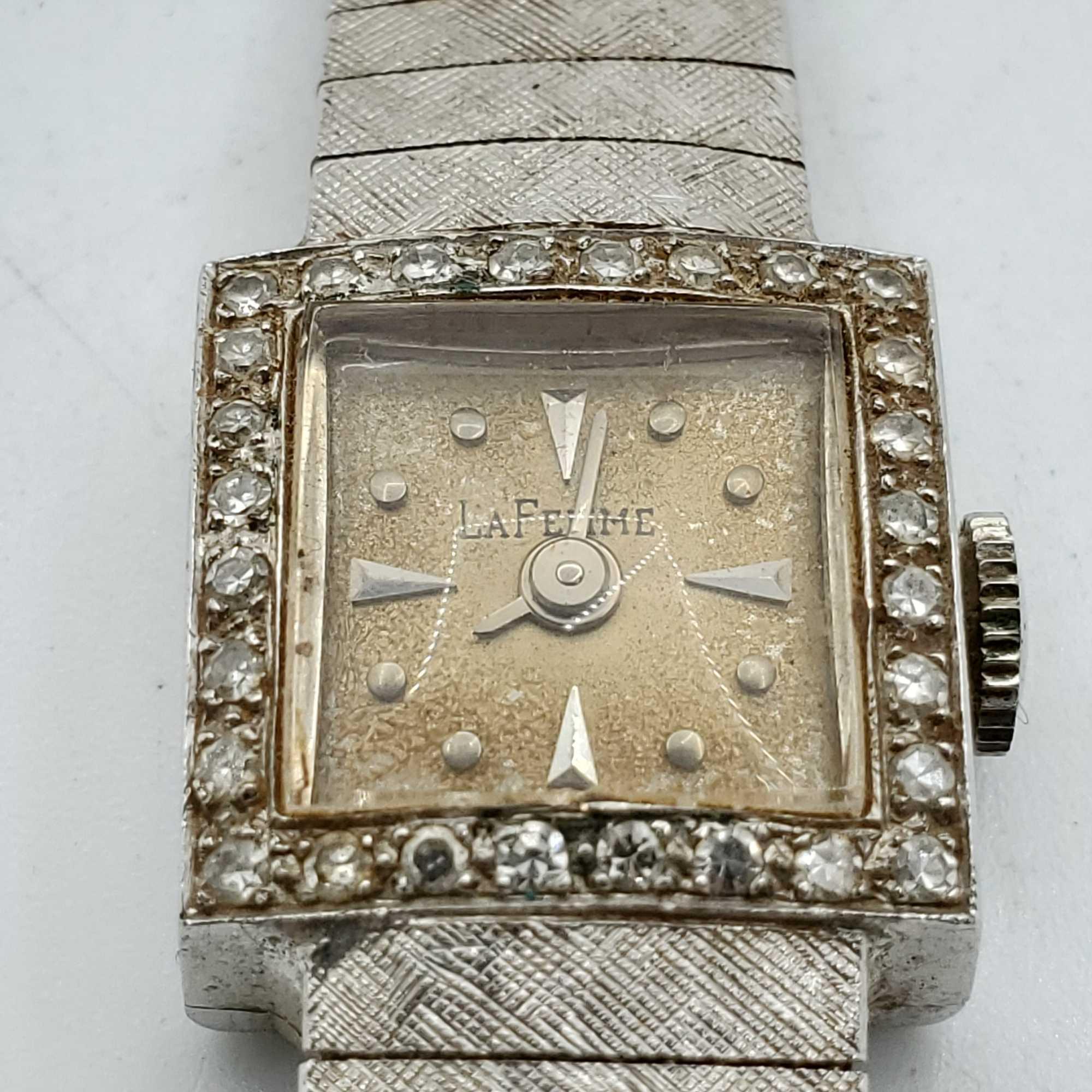 Ladies La Femme 14k White Gold Watch With Square Face Diamond Bezel And 14K covered Mesh Band