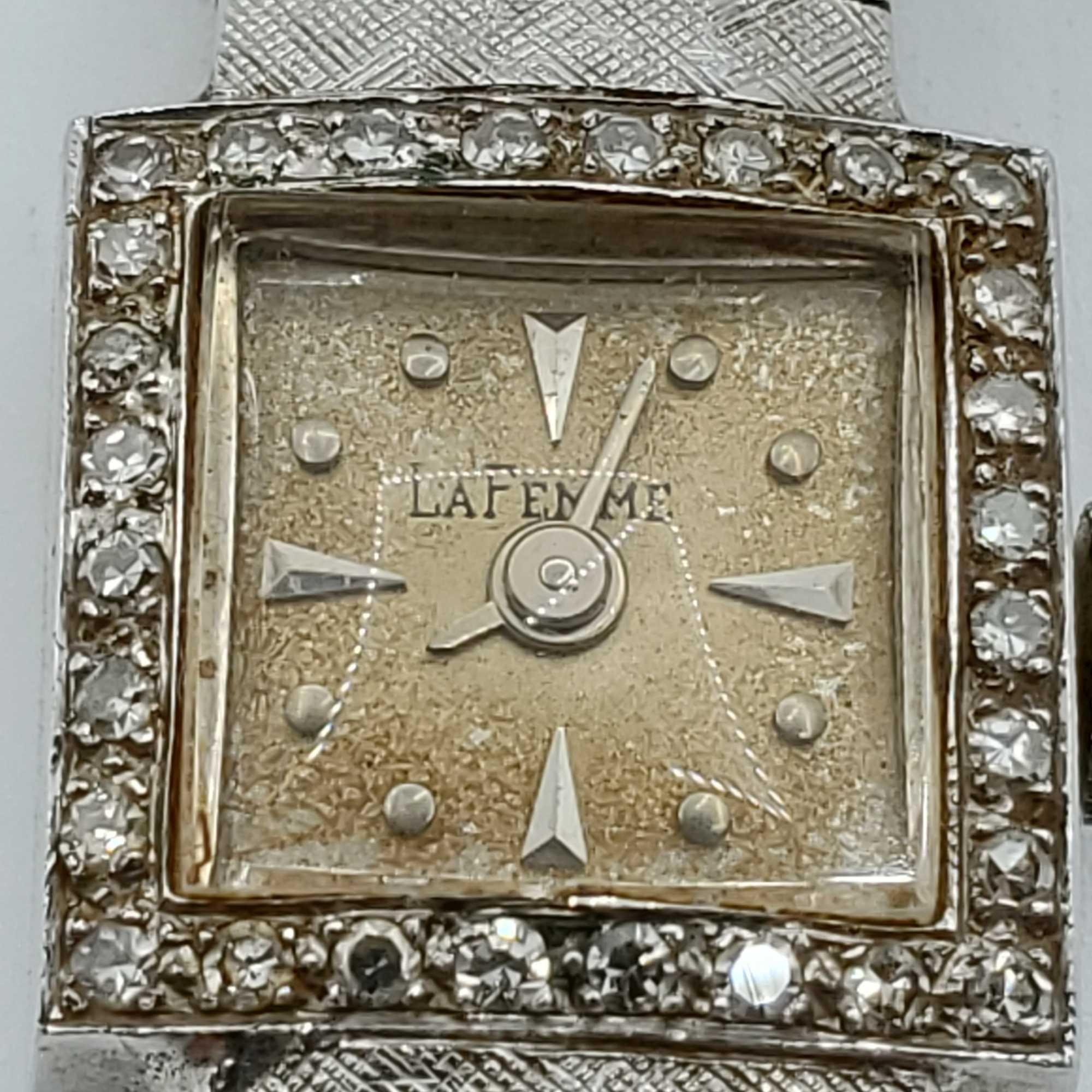 Ladies La Femme 14k White Gold Watch With Square Face Diamond Bezel And 14K covered Mesh Band
