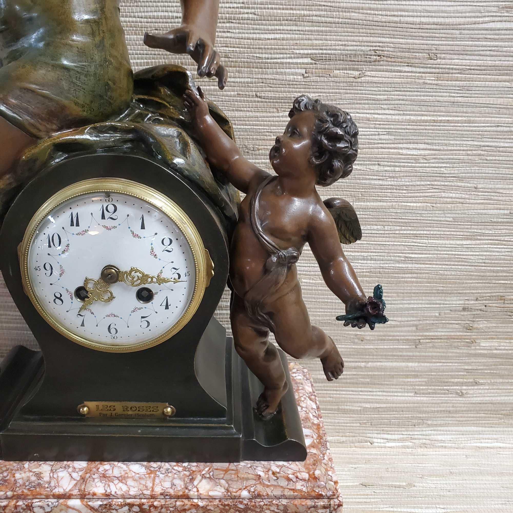 23" x 16" Par J. Garnier {Jean Garnier French Sculptor} Clock With Spelter Woman & Chrub Figuries