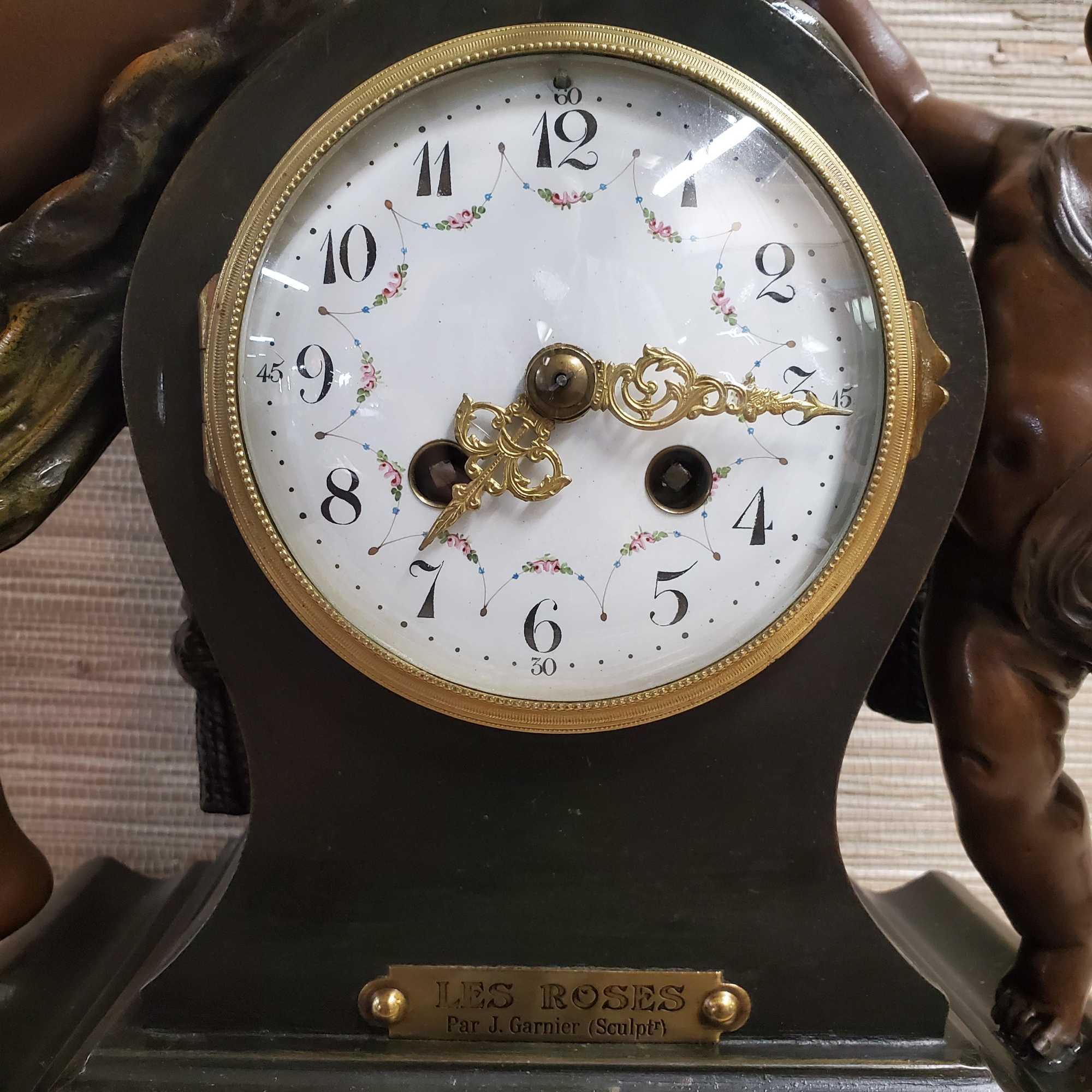 23" x 16" Par J. Garnier {Jean Garnier French Sculptor} Clock With Spelter Woman & Chrub Figuries