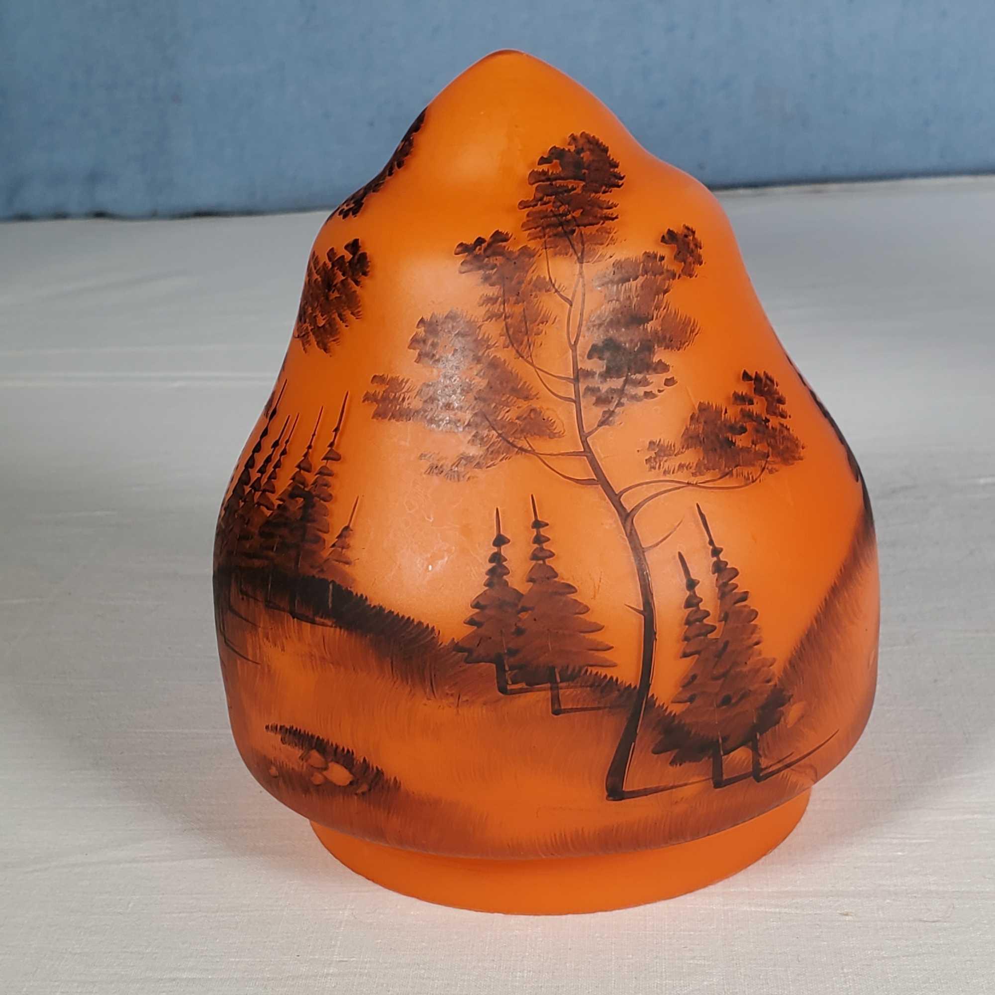 13" 1920s Art Deco Orange Satin Glass Accent Lamp with Hand Painted Scenic Mushroom Form Shade