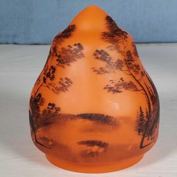 13" 1920s Art Deco Orange Satin Glass Accent Lamp with Hand Painted Scenic Mushroom Form Shade