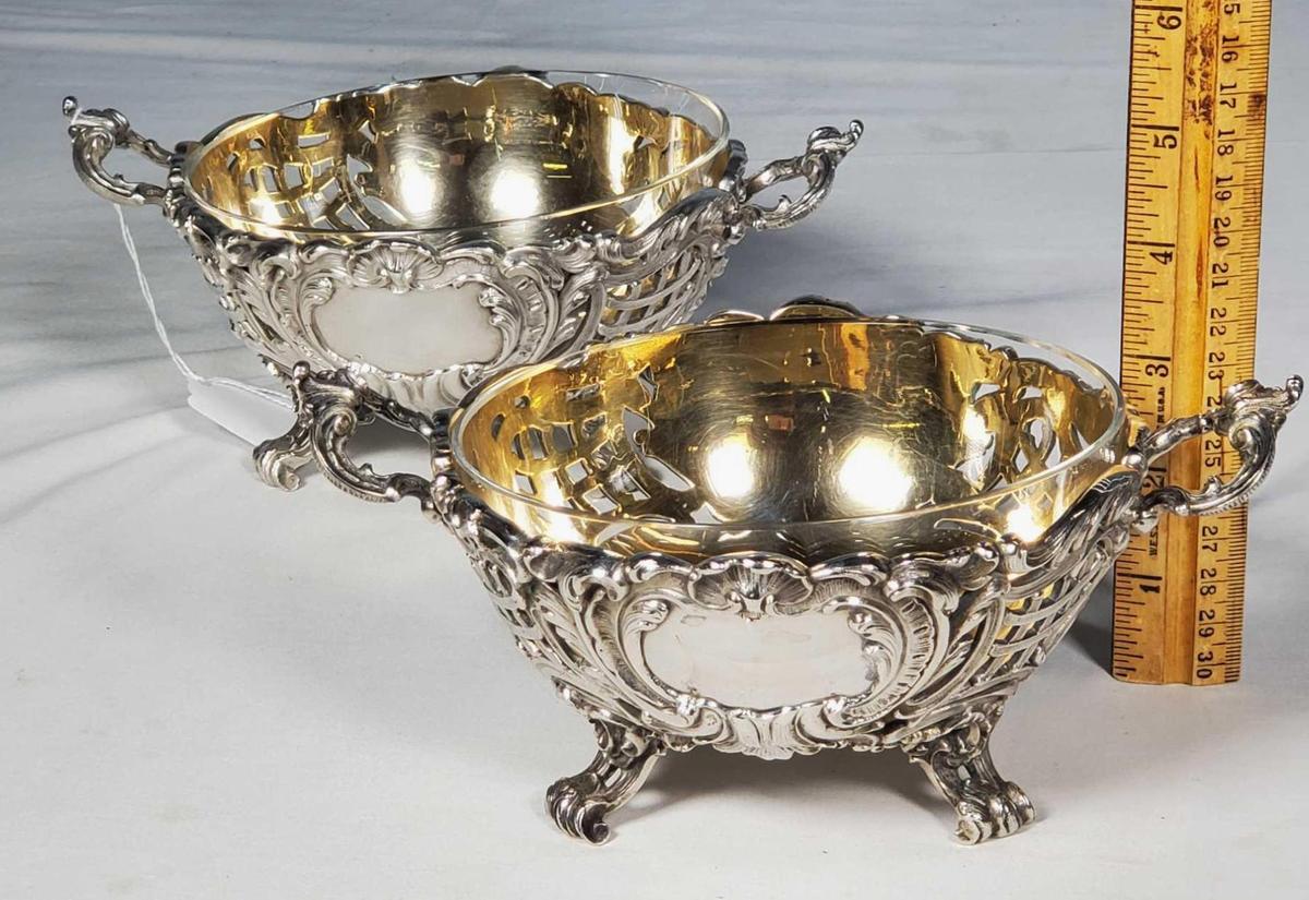 Pr of Antique German 800 Silver Handled Serving Bowls with Glass Inserts
