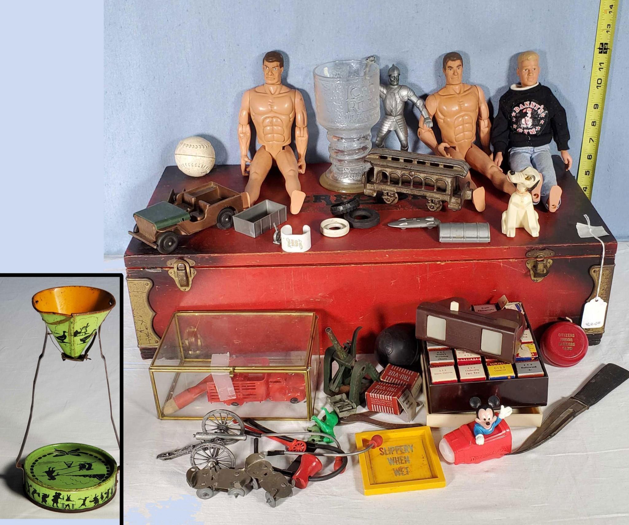 Case Misc Toys with Action Figures, Erector Set, 3-D Tru Vue Set, Plastic Cars and More