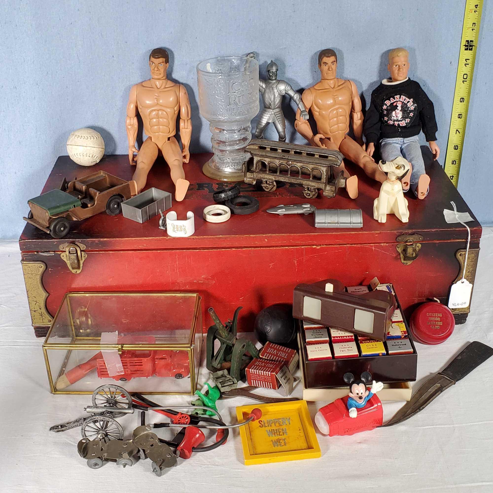 Case Misc Toys with Action Figures, Erector Set, 3-D Tru Vue Set, Plastic Cars and More