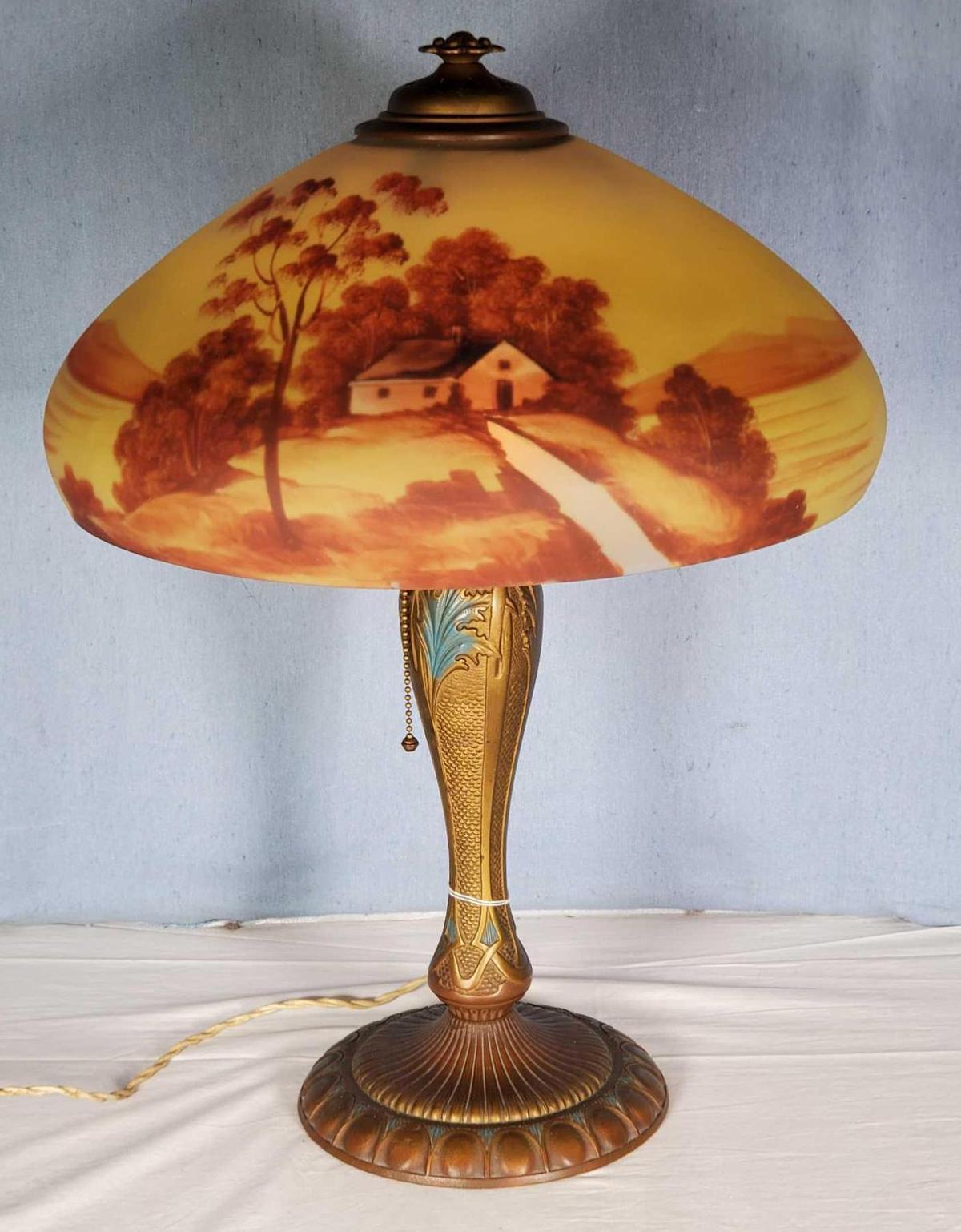 Hand Painted Antique Lamp with 16" Reverse Painted Landscape Glass Shade