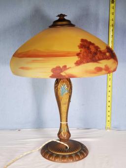 Hand Painted Antique Lamp with 16" Reverse Painted Landscape Glass Shade