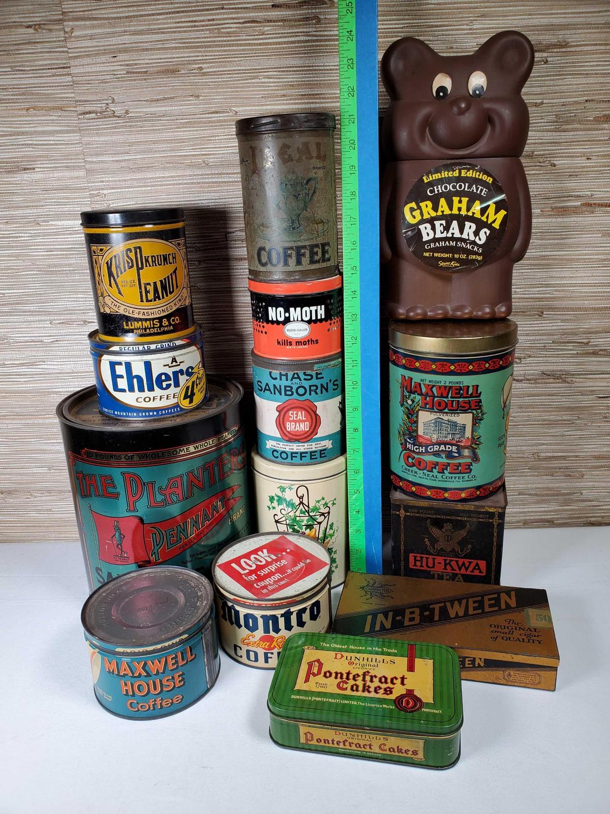 13 Vintage Advertising Tins & 1 Plastic Graham Cracker Container