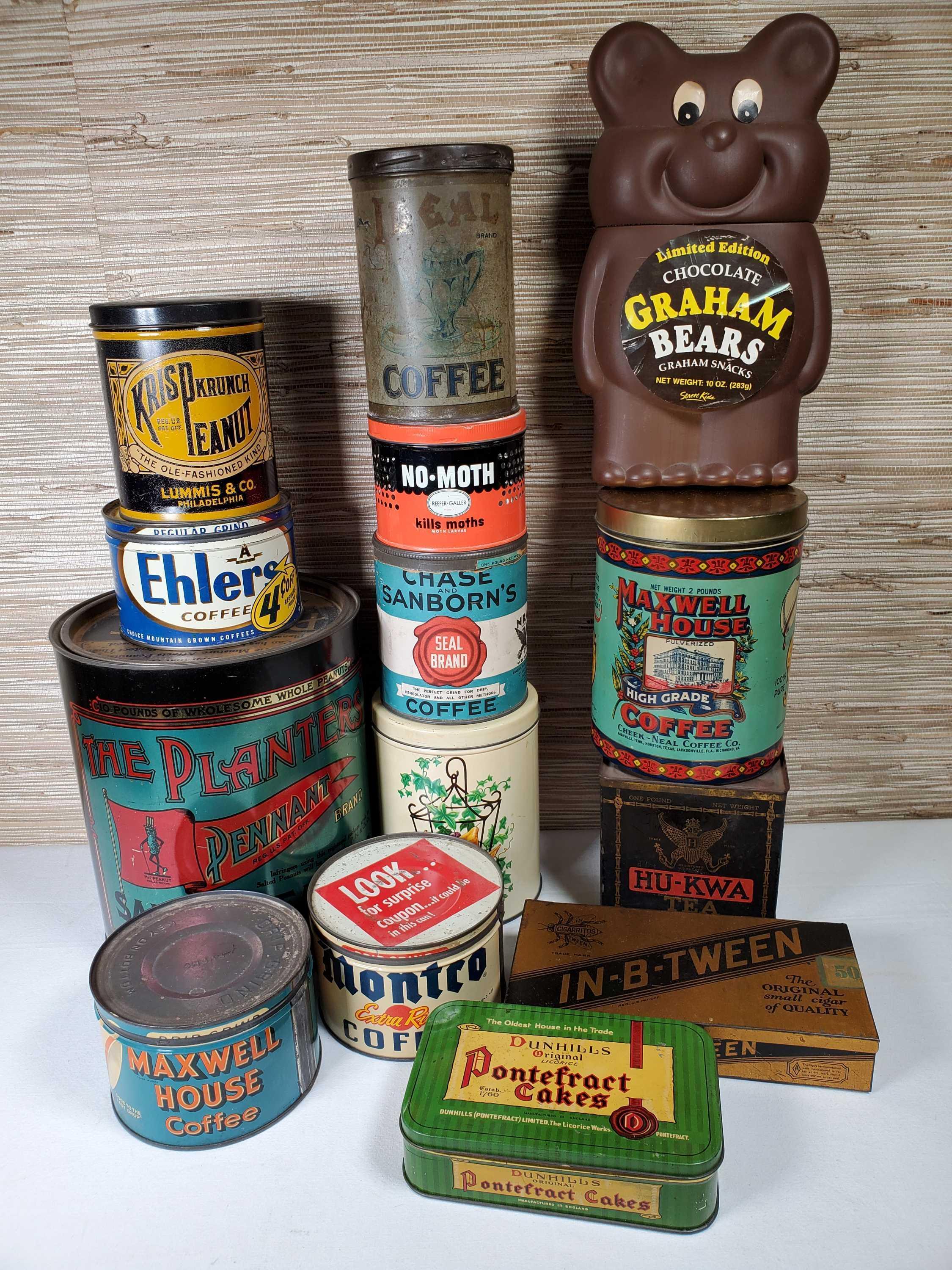 13 Vintage Advertising Tins & 1 Plastic Graham Cracker Container