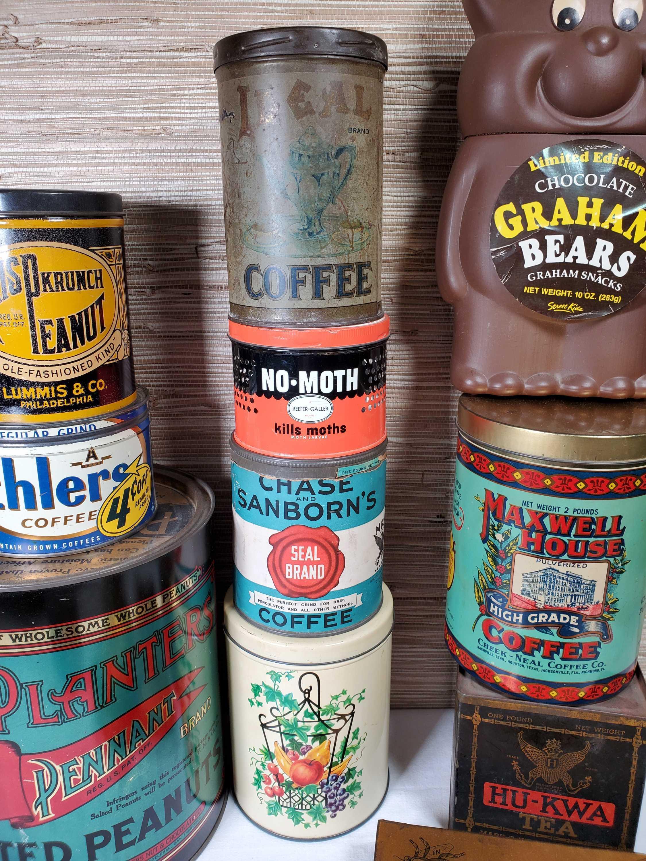 13 Vintage Advertising Tins & 1 Plastic Graham Cracker Container