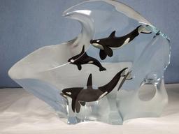 12" x 16" Wyland Lucite Limited Edition Orca Family Statue