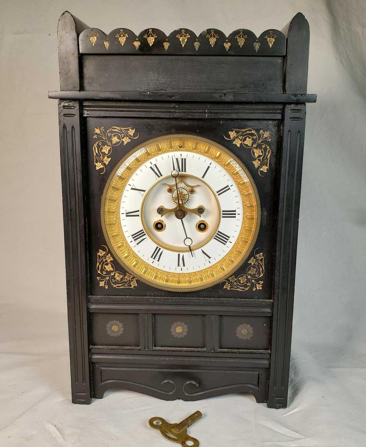 French Open Escapement Black Slate Cased Mantle Clock