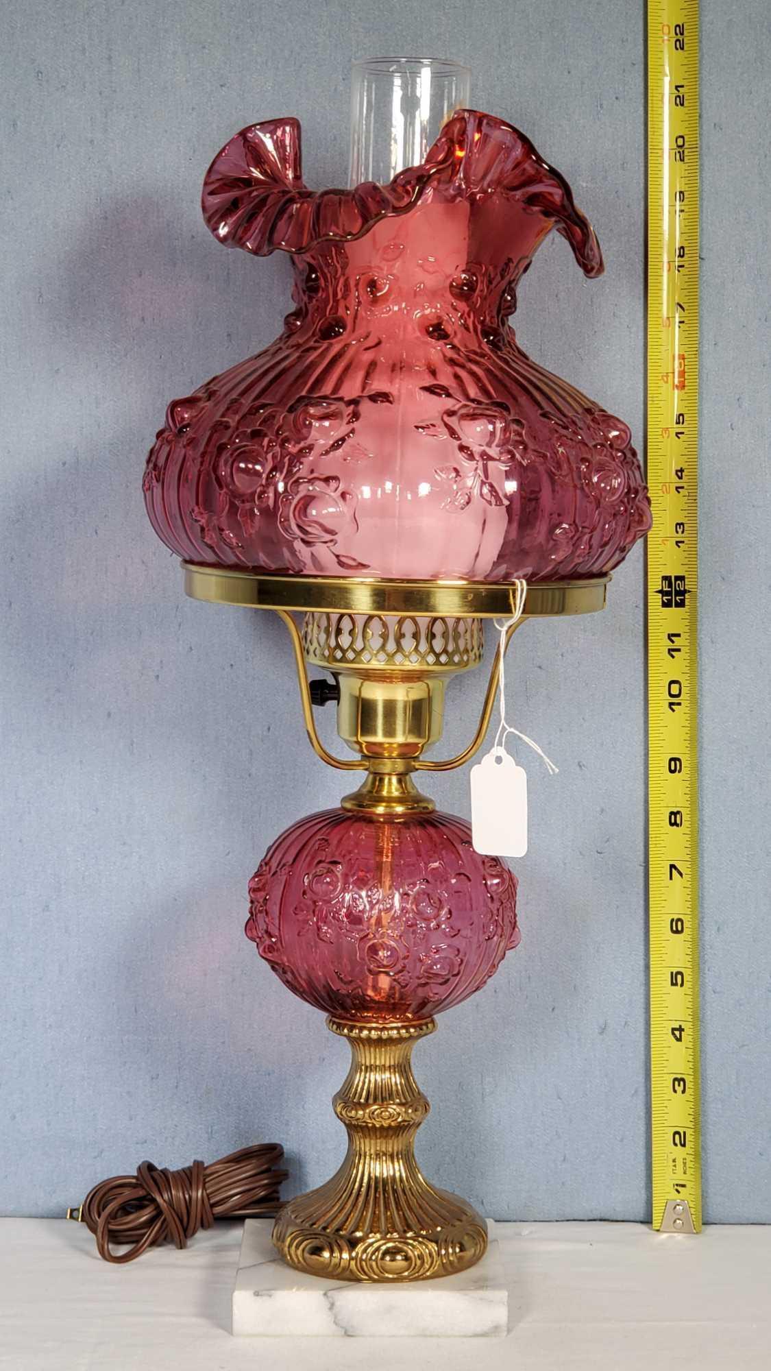 Fenton Rose Embossed Ruby Overlay Student Table Lamp