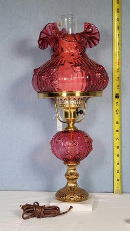 Fenton Rose Embossed Ruby Overlay Student Table Lamp