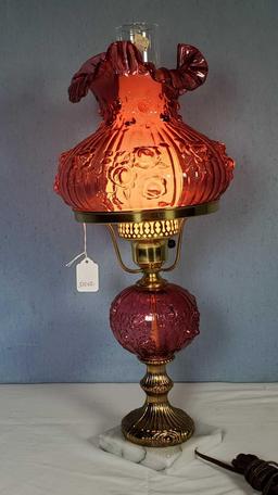 Fenton Rose Embossed Ruby Overlay Student Table Lamp