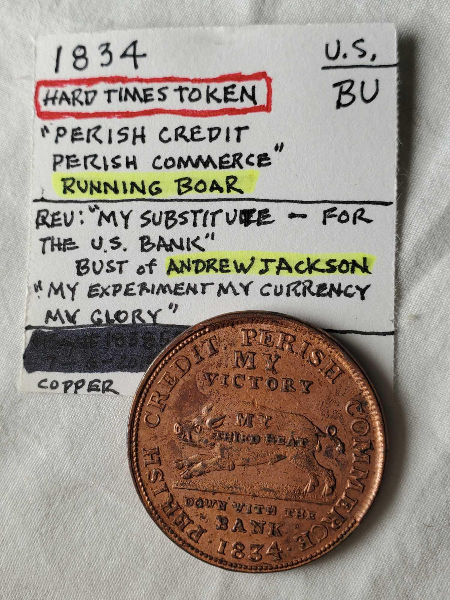 2 1834 Hard Time Tokens - Boar Front, Jackson Reverse, Jackson Front/ Donkey Reverse