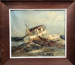 Tom Nicholas (Born 1934) is active/lives in Massachusetts, Connecticut. "Ship Wreck" Oil On Board