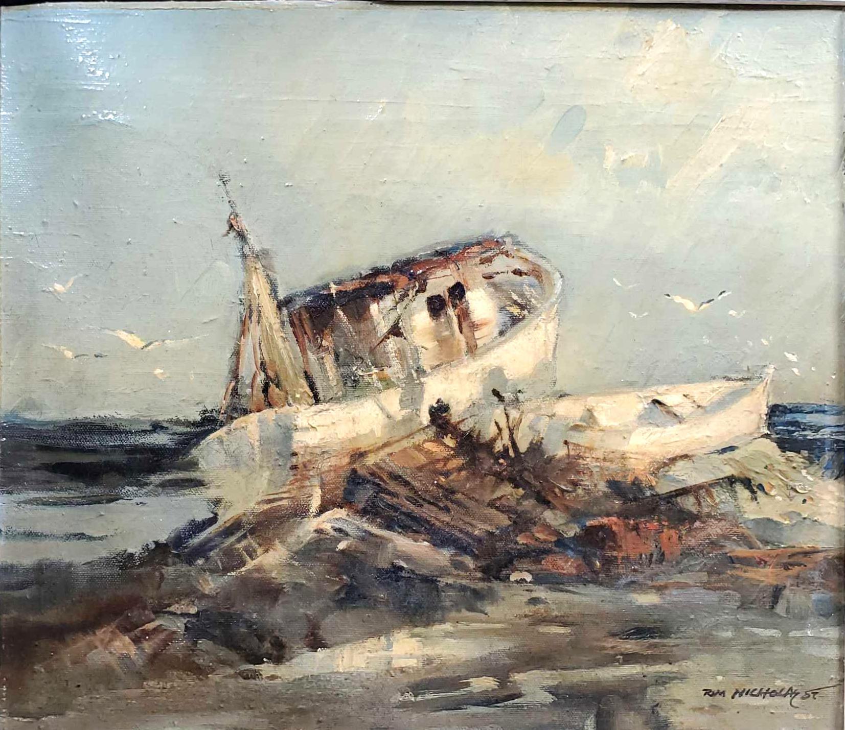 Tom Nicholas (Born 1934) is active/lives in Massachusetts, Connecticut. "Ship Wreck" Oil On Board