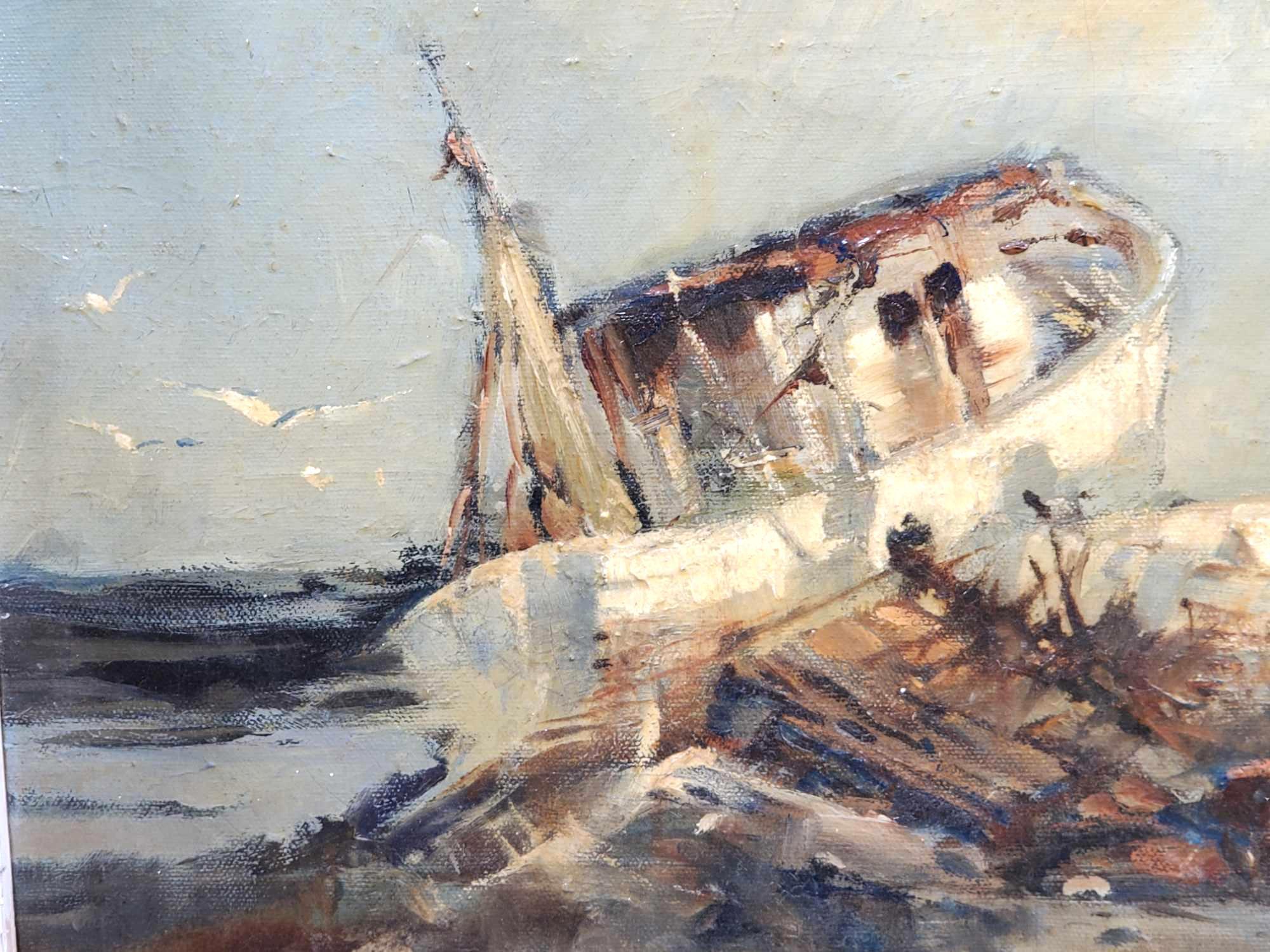 Tom Nicholas (Born 1934) is active/lives in Massachusetts, Connecticut. "Ship Wreck" Oil On Board