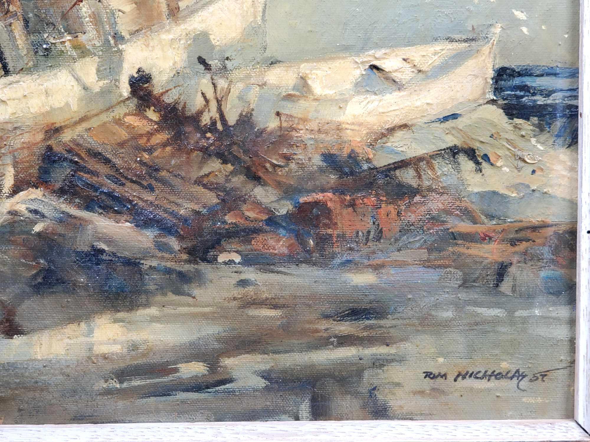 Tom Nicholas (Born 1934) is active/lives in Massachusetts, Connecticut. "Ship Wreck" Oil On Board