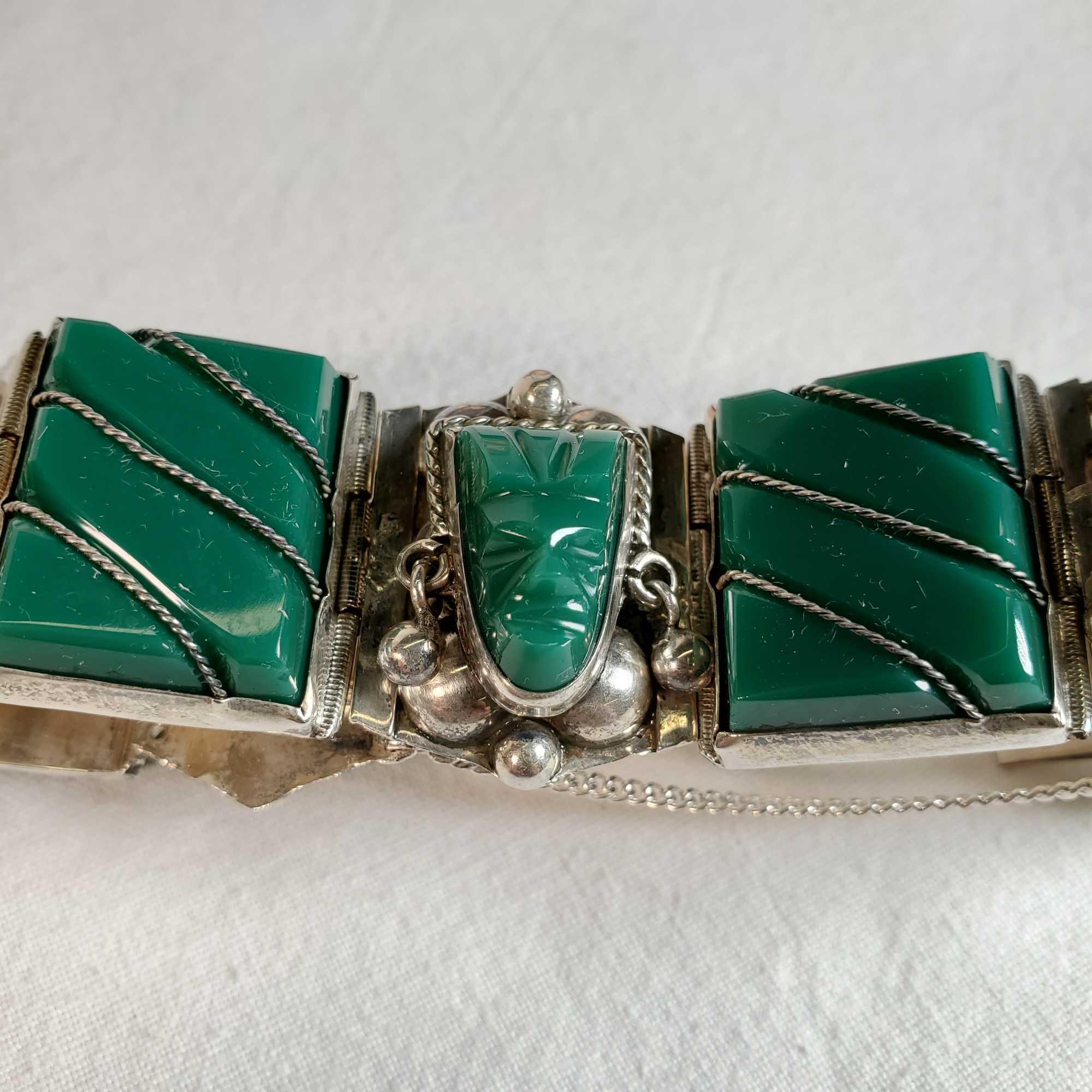 2 Vintage Taxco Mexico 930 & Sterling Silver Black Onyx And Green Stone Bracelets