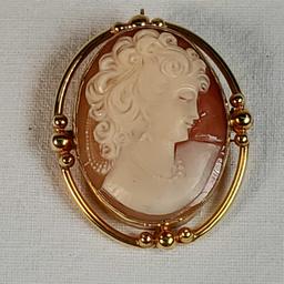 14K Yellow Gold Mounted Carved Shell Cameo "Bust Of Lady" Brooch / Pendent