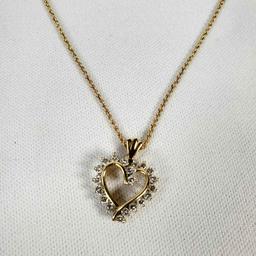 14K Yellow Gold & Diamond Heart Pendant And Rope Chain