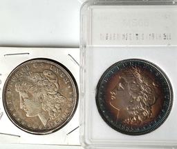 2 Morgan Silver Dollars Slabbed 1885 rainbow toned and 1921-D