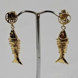 10K Yellow Gold Fish Earrings With Glass Eyes