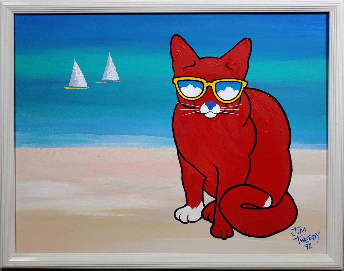 Jim Tweedy (Born 1958) is active/lives in Louisiana Oil On Canvas .Red Cat "A Day At The Beach"