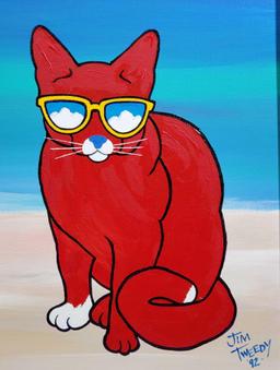 Jim Tweedy (Born 1958) is active/lives in Louisiana Oil On Canvas .Red Cat "A Day At The Beach"
