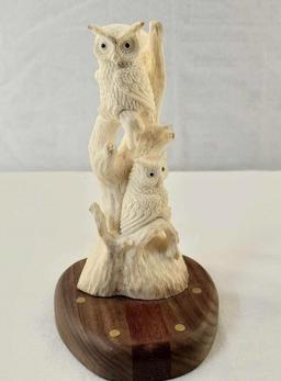 Indonesian Deer Antler Carving Balinese Artwork "Pair Of Owls"