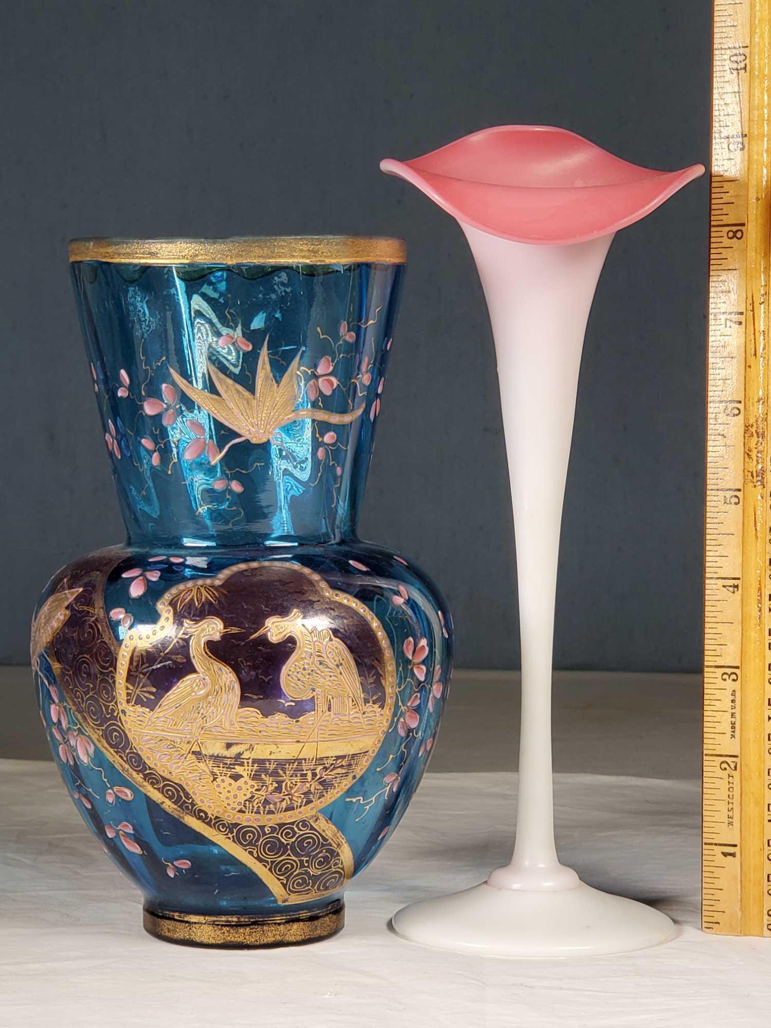 Mt Washington Peachblow JIP Tulip and Enameled Blue Glass Victorian Vases