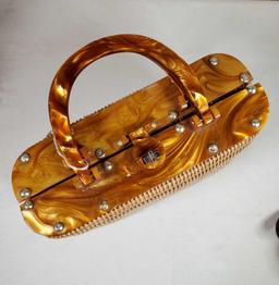 Mid-Century Wicker and Lucite Purse Plus 4 Bangle Bracelets