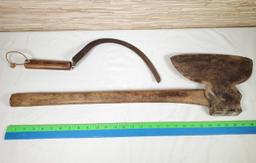 1800s I. Blood Ballston NY Cast Steel Broad Axe and Hand Held Sickle