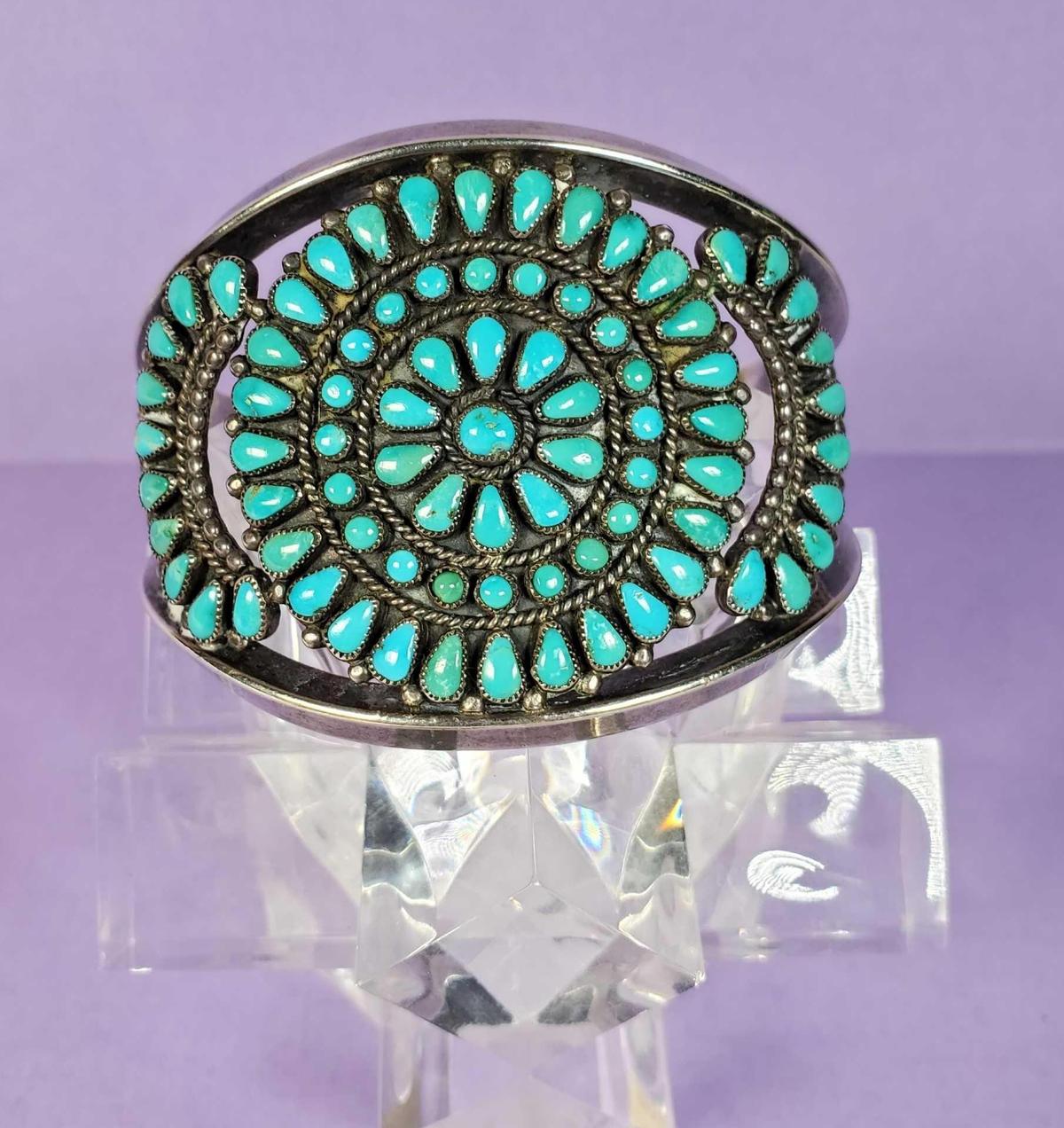 Vintage Signed Zuni Cluster Sterling & Turquoise Cuff Bracelet