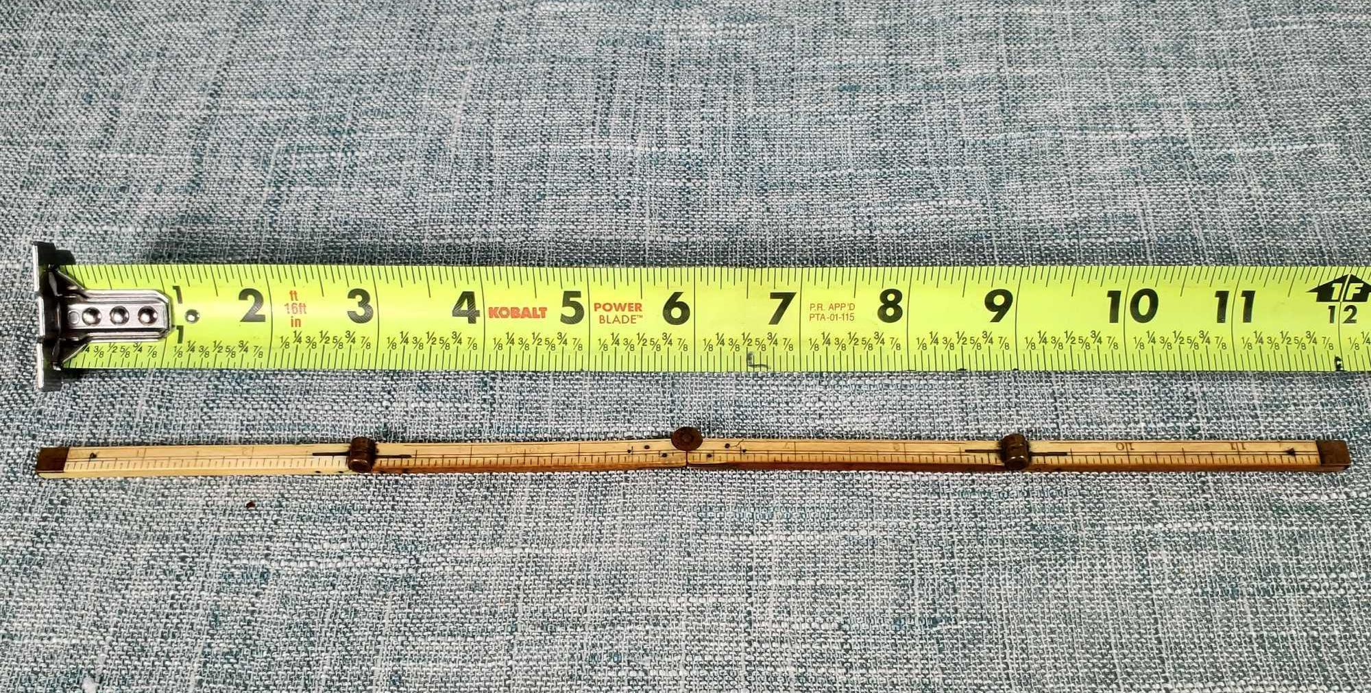 Rare Antique 12" Double Folding Ruler, Bone & Brass NO.90