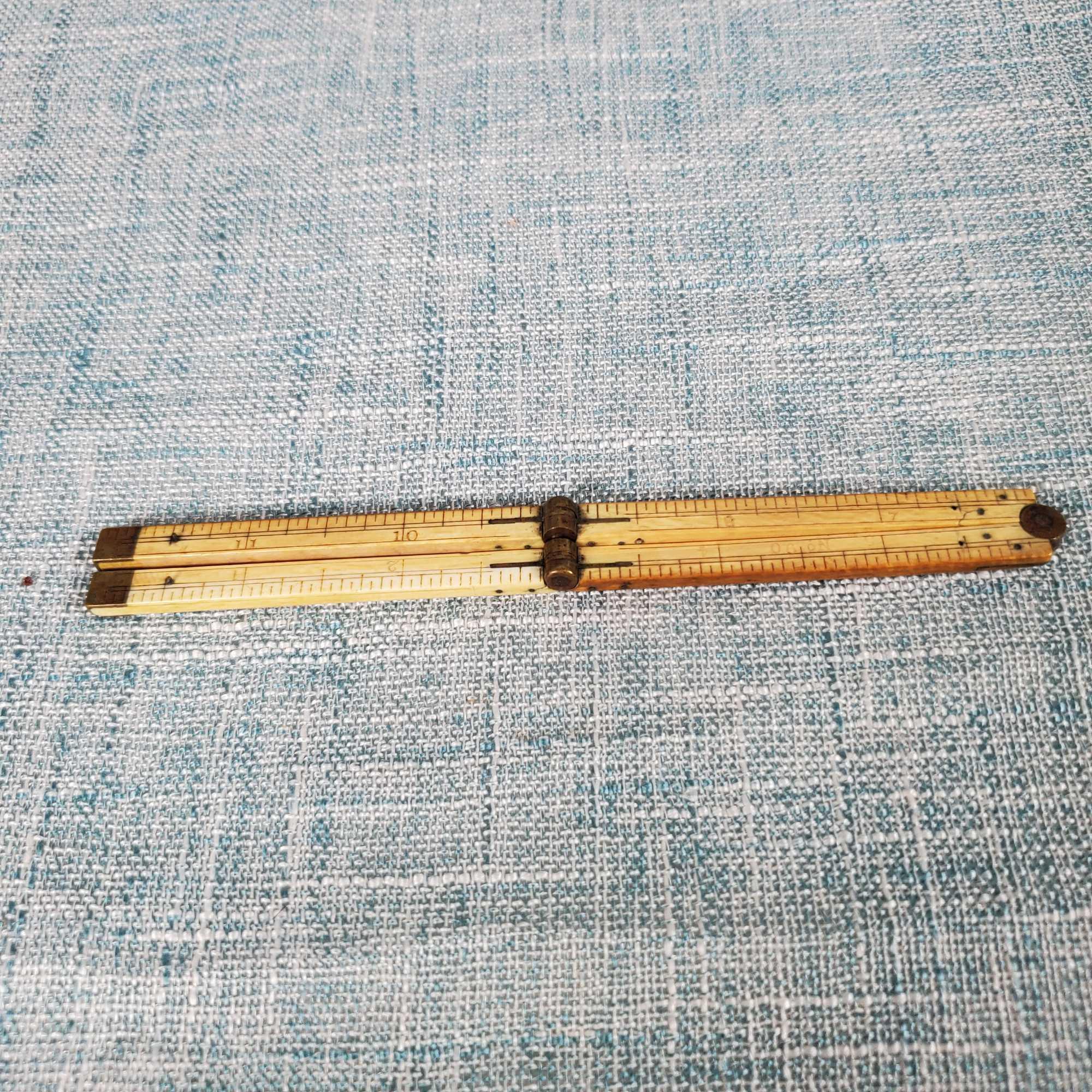Rare Antique 12" Double Folding Ruler, Bone & Brass NO.90